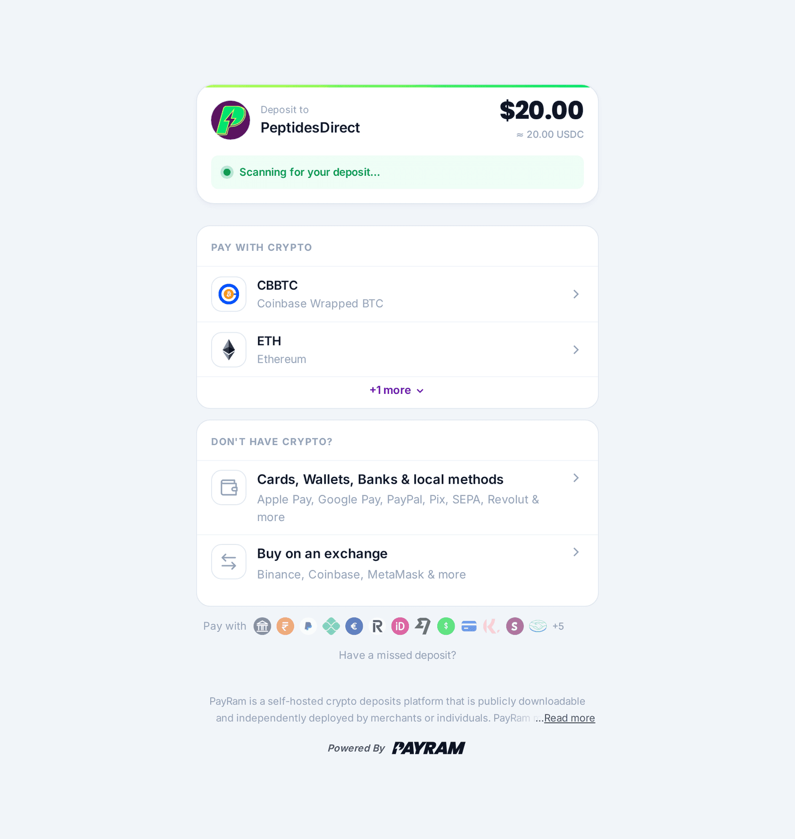 De PayRam-checkoutpagina met crypto- en kaartbetaalopties