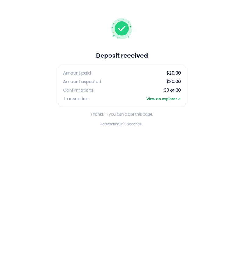 De PayRam-statuspagina met Deposit received