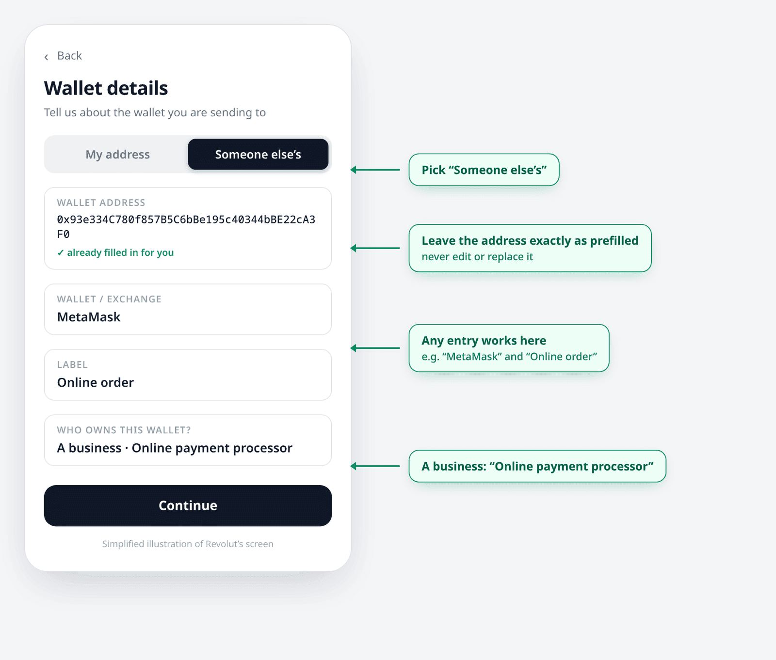 Vereenvoudigde weergave van Revoluts Wallet details-scherm met de juiste gegevens